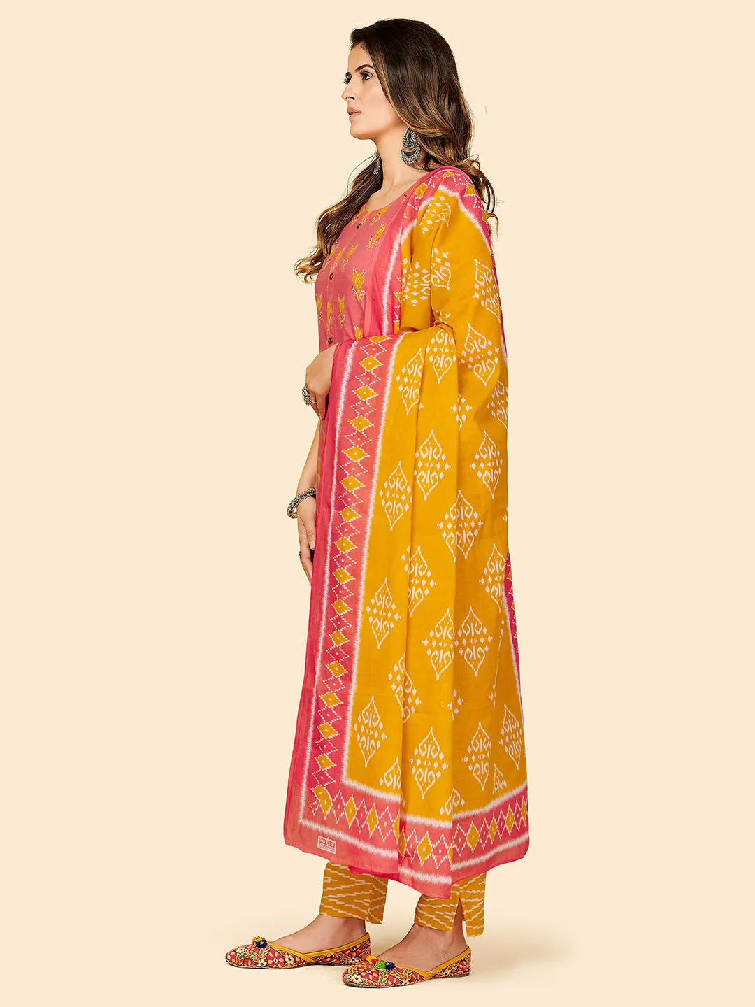 Women'S Printed & Hand Work Straight Cotton Coral Stitched Kurta Pant With Dupatta