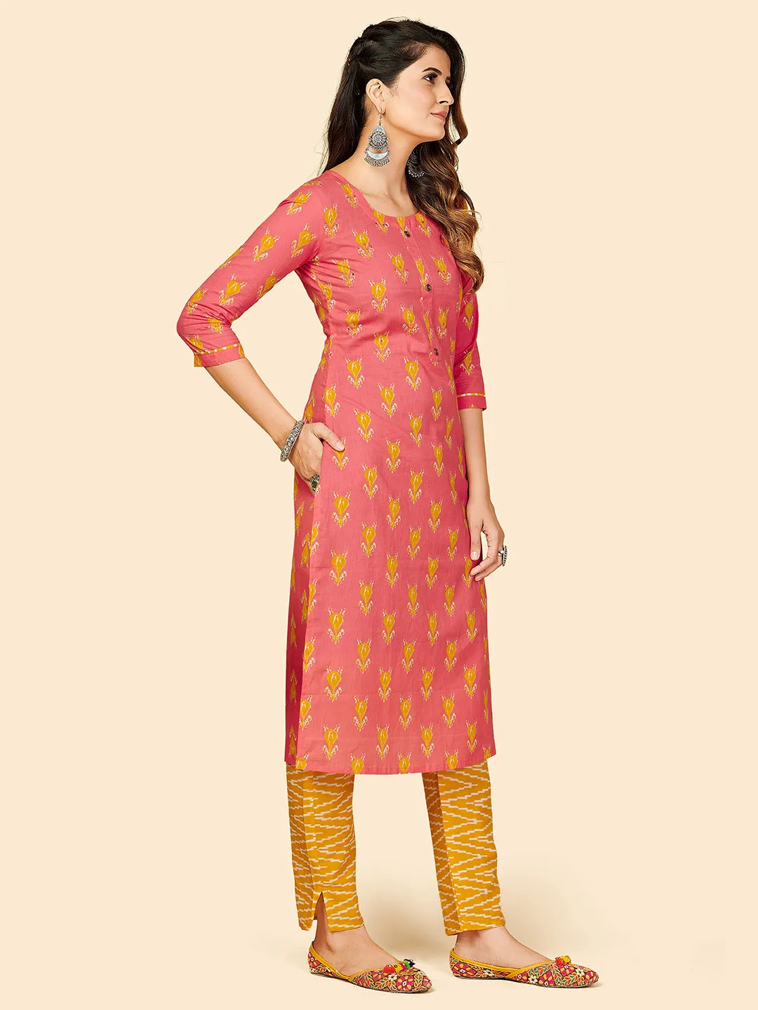 Women'S Printed & Hand Work Straight Cotton Coral Stitched Kurta Pant With Dupatta