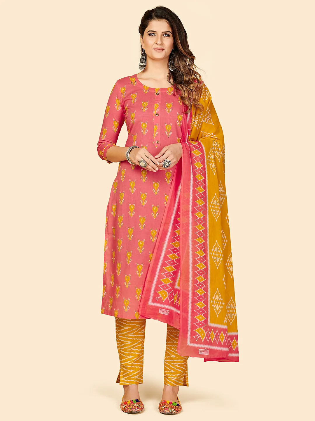 Women'S Printed & Hand Work Straight Cotton Coral Stitched Kurta Pant With Dupatta