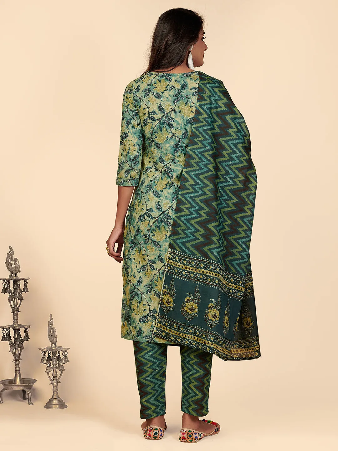 Women'S Printed & Hand Work Straight Cotton Teal Stitched Kurta Pant With Dupatta