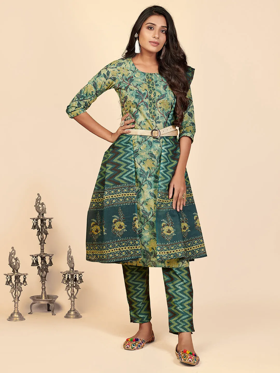 Women'S Printed & Hand Work Straight Cotton Teal Stitched Kurta Pant With Dupatta