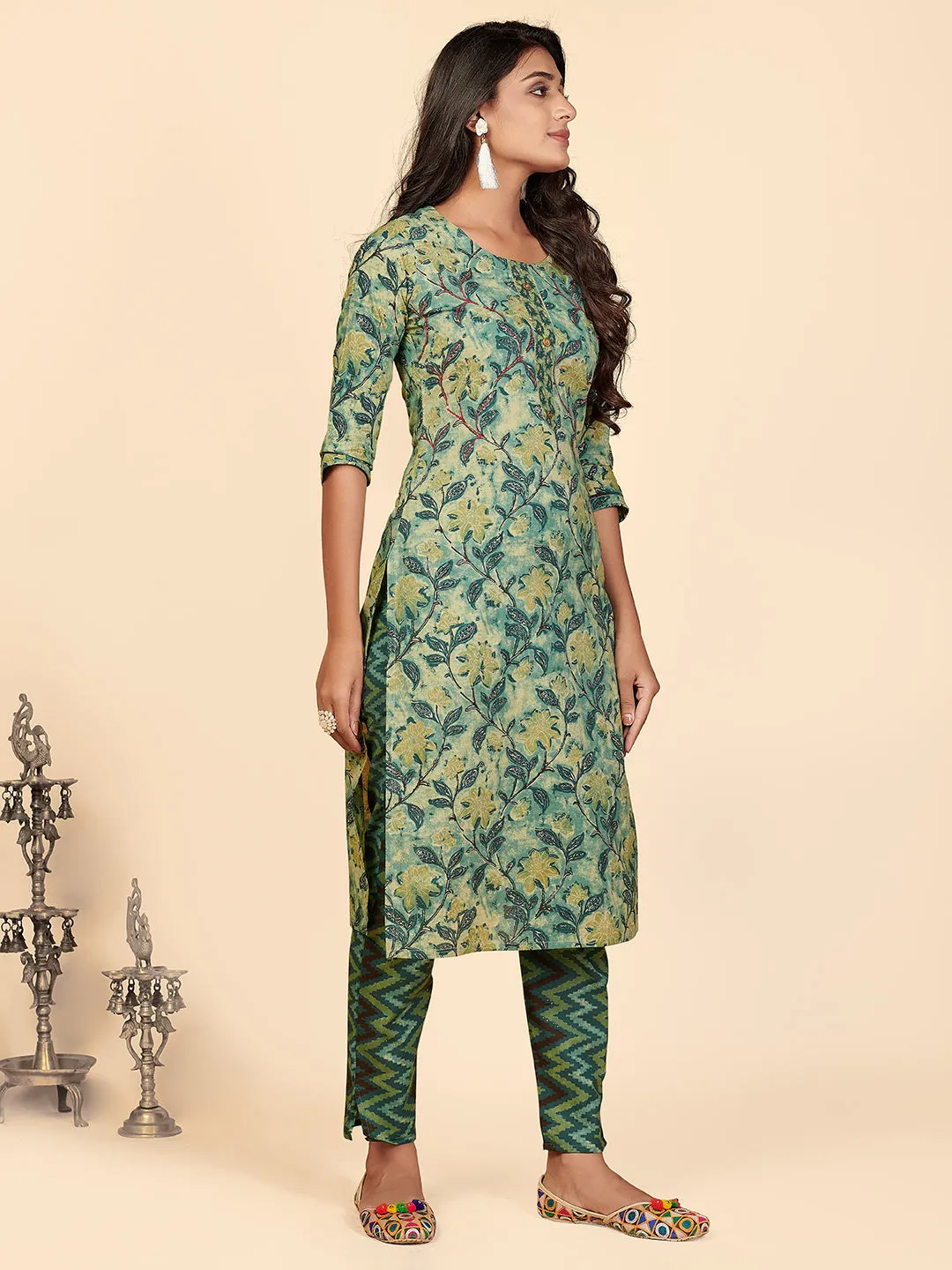 Women'S Printed & Hand Work Straight Cotton Teal Stitched Kurta Pant With Dupatta