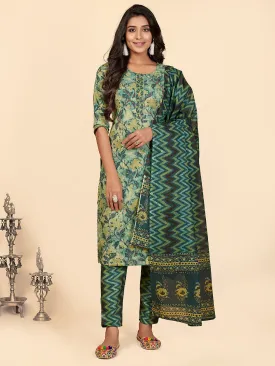 Women'S Printed & Hand Work Straight Cotton Teal Stitched Kurta Pant With Dupatta