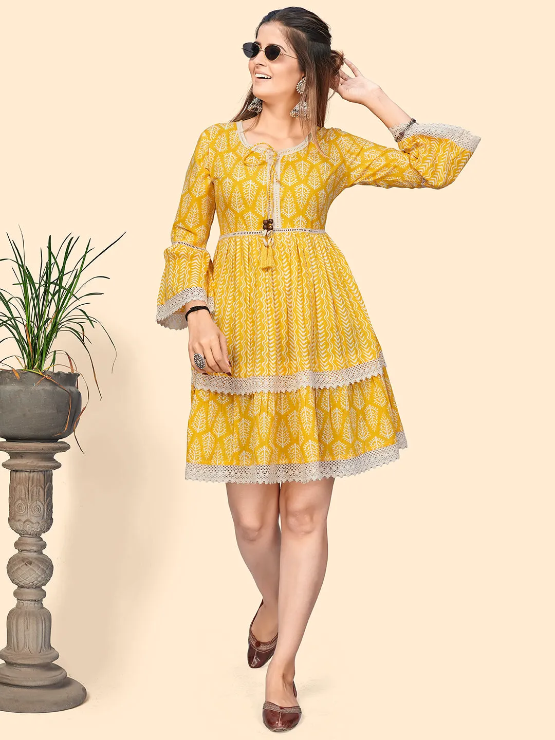 Women'S Printed & Lace Border A-Line Cotton Yellow Stitched Dress