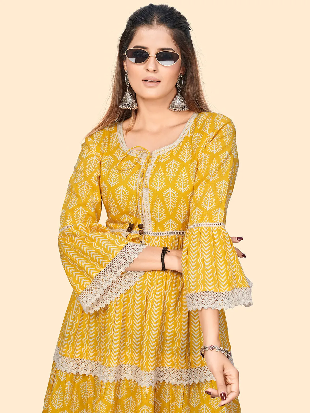 Women'S Printed & Lace Border A-Line Cotton Yellow Stitched Dress