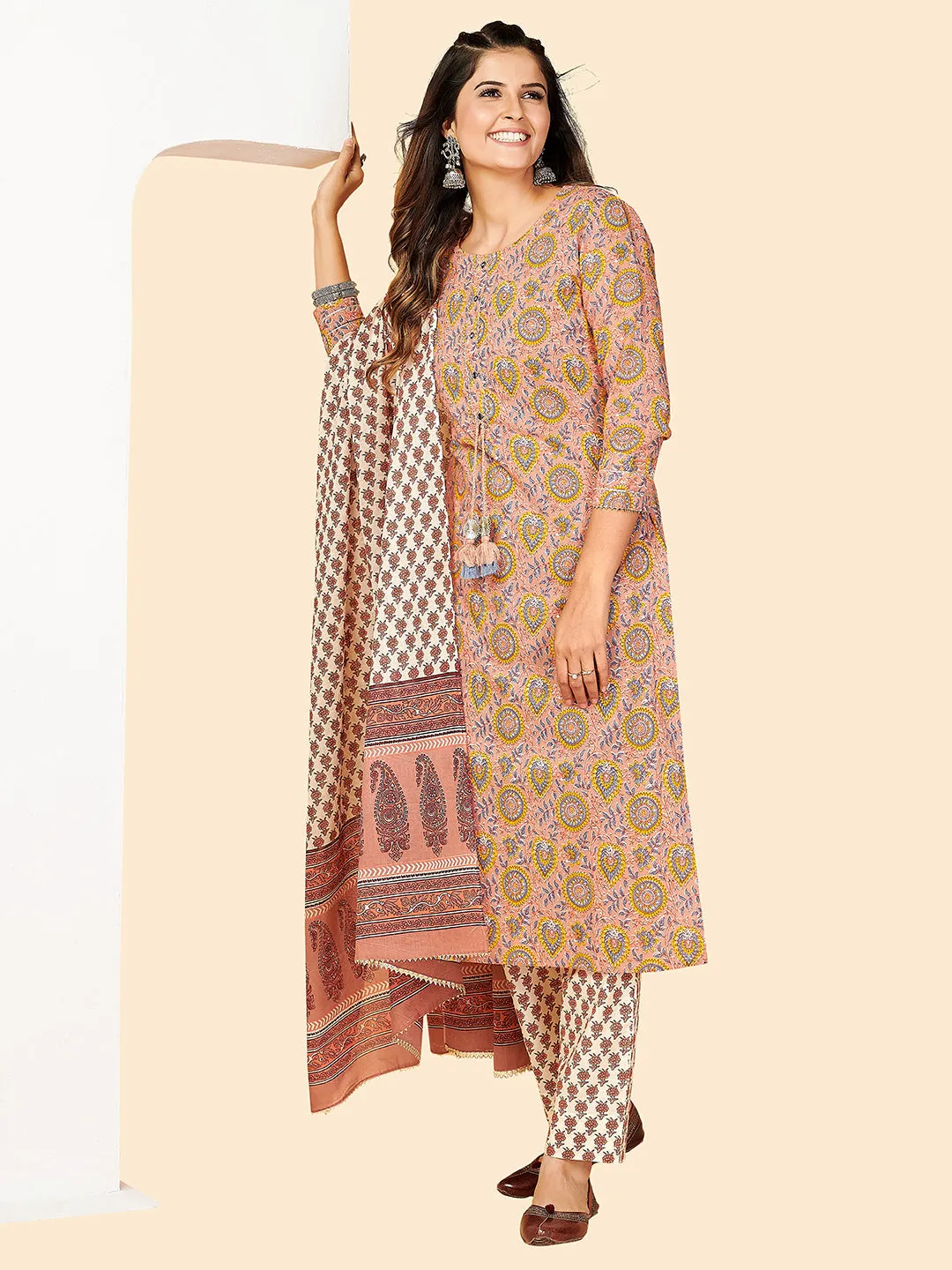 Women'S Printed & Sequience Work Straight Cotton Beige Stitched Kurta Pant With Dupatta