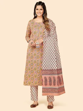 Women'S Printed & Sequience Work Straight Cotton Beige Stitched Kurta Pant With Dupatta