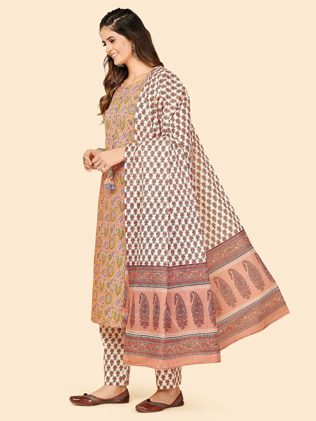 Women'S Printed & Sequience Work Straight Cotton Beige Stitched Kurta Pant With Dupatta