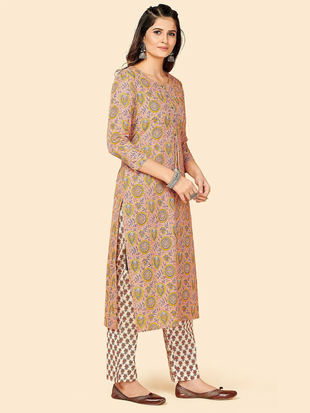 Women'S Printed & Sequience Work Straight Cotton Beige Stitched Kurta Pant With Dupatta