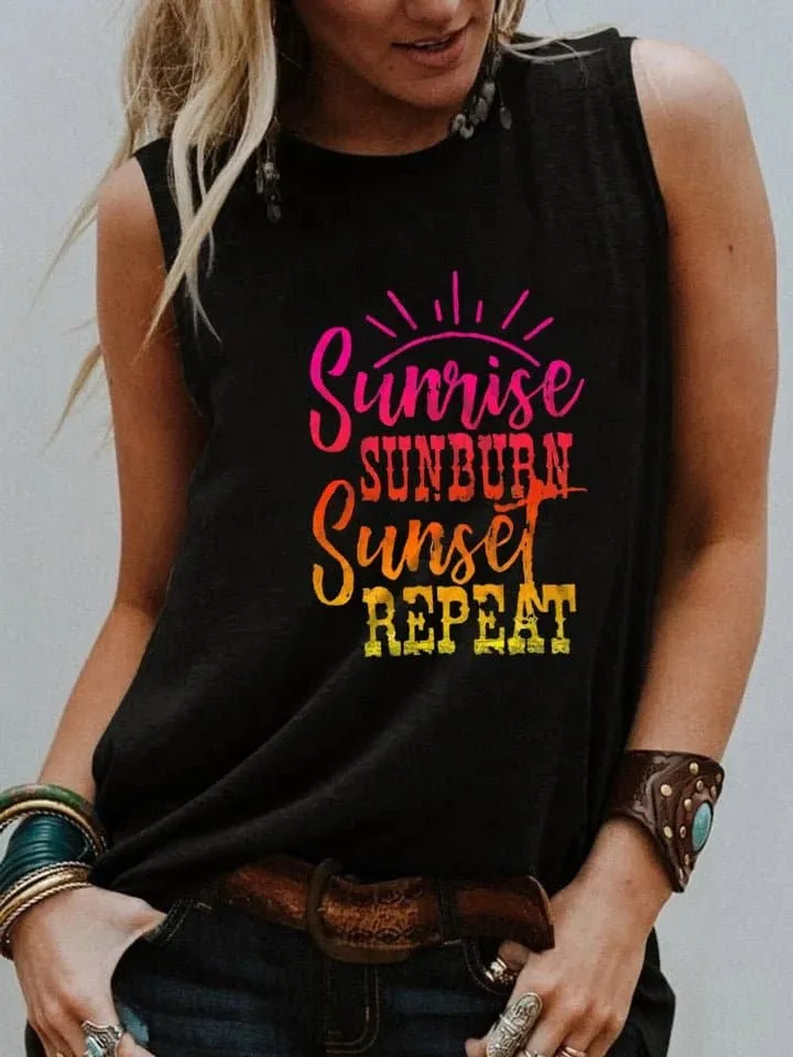 Women's Summer Tank Tops - Casual Letter Print Sleeveless Shirt